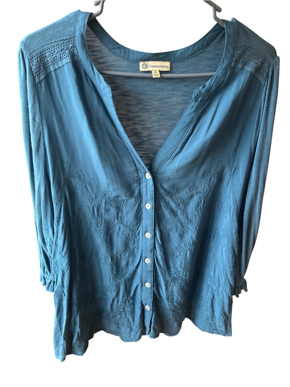 Democracy Teal-Blue Embroidered Button-Down Blouse Size 1X